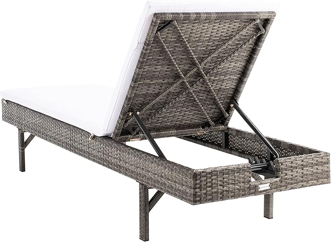 SAFAVIEH Outdoor Collection Cam Grey Brown Wicker/White Cushion Adjustable Chaise Lounge Chair, Black/Beige (PAT7501C) - Photo 7