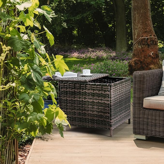 Outdoor PE Wicker Side Table with Storage, Patio Rattan End Table Square Container for Furniture and Gardening Tools