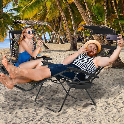 MoNiBloom 29-Inch Oversized Zero Gravity Chairs Set of 2, Patio Anti Gravity Recliner with Canopy Shade, XL Foldable Outdoor Lounger with Cup Holder Tray for Beach Camping, Jungle
