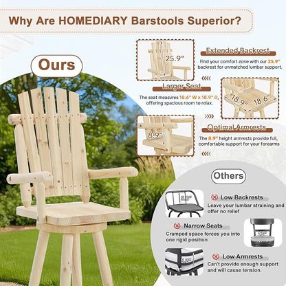 HOMEDIARY Outdoor Solid Wood Swivel Bar Stool, Oversized Rustic Patio Log Bar Height Chair with High Back and Footrest, 29.9" Adirondack Bar Chair for Deck Pub Garden, 500 LBS Capacity, Natural
