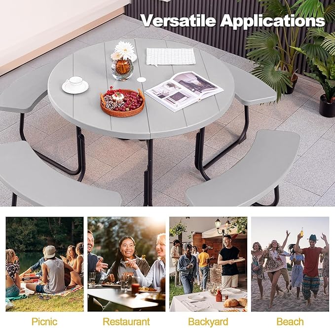 Round Picnic Table for Outdoors, 8 Person Outdoor Picnic Tables & Benches Set with Umbrella Hole - Photo 8