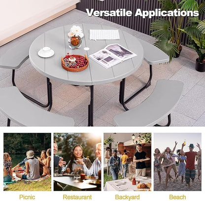 Round Picnic Table for Outdoors, 8 Person Outdoor Picnic Tables & Benches Set with Umbrella Hole, HDPE Tabletop & Metal Frame, 2000 LBS Capacity Table Bench Set for BBQ, Garden, Lawn, Patio