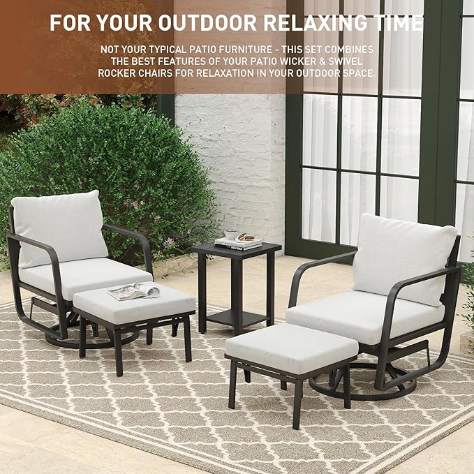Patio Glider Swivel Rocker Sets: 4Pieces Aluminum Alloy Ensemble with 360° Swivel Rocking Glider Chairs, Rust-Resistant Frame Gray Cushions -Perfect for Decoration (2 Glider Chairs& 2Ottomans)