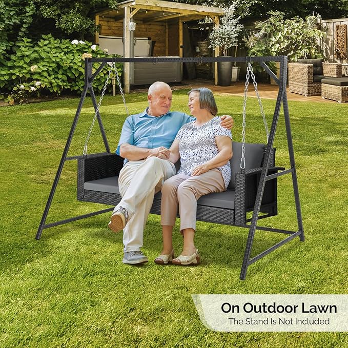 5FT Wicker Porch Swing for 3 Person, 1000lb Capacity Outdoor Hanging Bench with 3 Removable Cushions - Photo 9