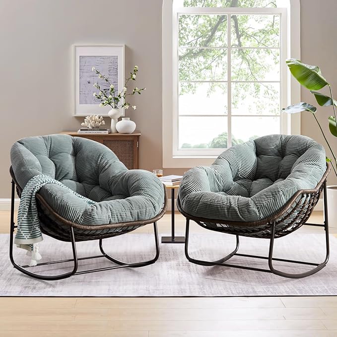 Large Indoor Rocking Chair, Oversized Rocking Papasan Chair with Thick Cushion and Frame,Comfy Corduroy Rocker Wicker Egg Chairs Lounge Reading Chair for Living Room, Bedroom, Apartment,Green