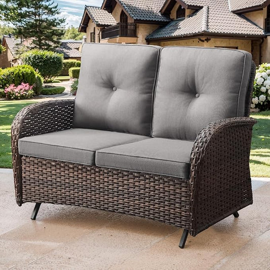 Patio Loveseat Wicker Loveseat Rattan Glider Sofa with Curved Armrest Thicking Back & Seat Cushions for Garden Balcony Backyard Brown Wicker|Grey Cushions (B) Patio Loveseat Glider