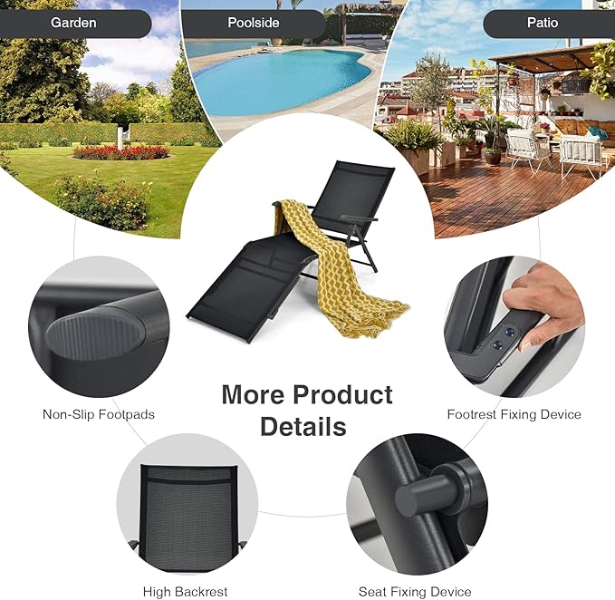 Giantex Set of 2 Patio Lounge Chair Foldable Chaise Lounger, Outdoor Sunbathing Chair W/ 5-Position Backrest, 2-Position Footrest, Portable Recliner for Yard, Lawn Tanning Pool Chairs (Black)