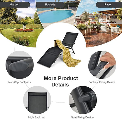 Giantex Set of 2 Patio Lounge Chair Foldable Chaise Lounger, Outdoor Sunbathing Chair W/ 5-Position Backrest, 2-Position Footrest, Portable Recliner for Yard, Lawn Tanning Pool Chairs (Black)