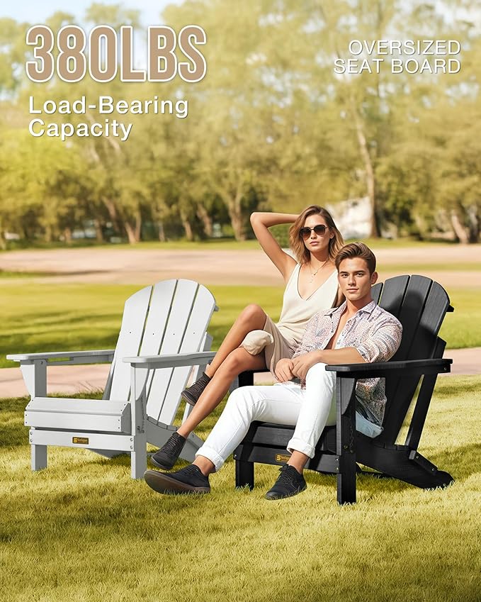 Folding Adirondack Chair, Patio Chair Wood Texture, Outdoor Chair Weather Resistant, Fire Pit Chair with Cup Holder, Composite Adirondack Chair Set of 4(Black)