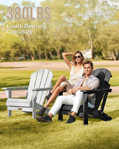 Folding Adirondack Chair, Patio Chair Wood Texture, Outdoor Chair Weather Resistant, Fire Pit Chair with Cup Holder, Composite Adirondack Chair Set of 2 (Black)