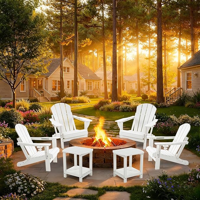 Folding Outdoor Adirondack Chairs Set of 4 with HDPE Side Tables-Plastic Weather Resistant Patio Chairs with Small Outdoor Side Tables 2 Storage for Patio,Fire Pit, Garden and Backyard