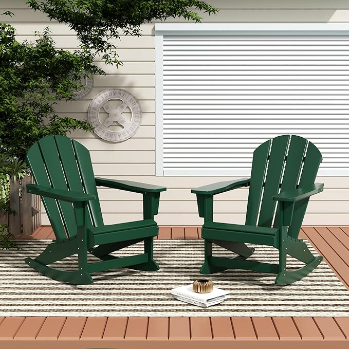 Costaelm Outdoor Adirondack Chair Set of 2, All Weather Resistant Classic Balcony Chair and Fire Pit Chairs, Plastic Outdoor Porch Furniture Rocking Chair High Back HDPE Poly Lumber, Dark Green