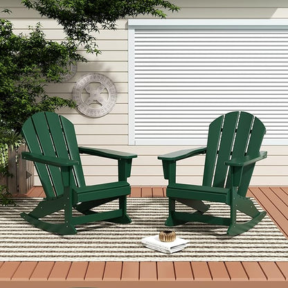 Costaelm Outdoor Adirondack Chair Set of 2, All Weather Resistant Classic Balcony Chair and Fire Pit Chairs, Plastic Outdoor Porch Furniture Rocking Chair High Back HDPE Poly Lumber, Dark Green