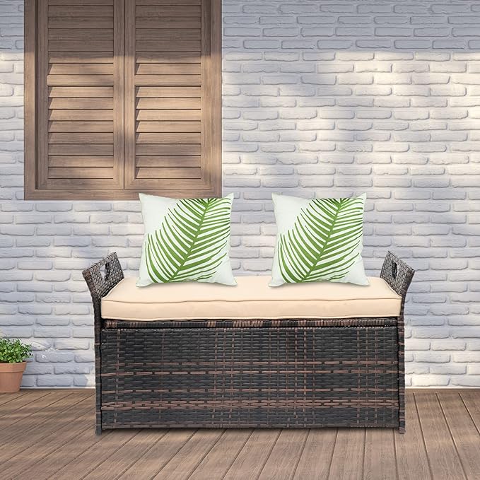 Outvita 40 Gallon Outdoor Storage Box, Patio Rattan Storage Bench with Cushion for Backyard, Balcony, Poolside, Garden, Brown