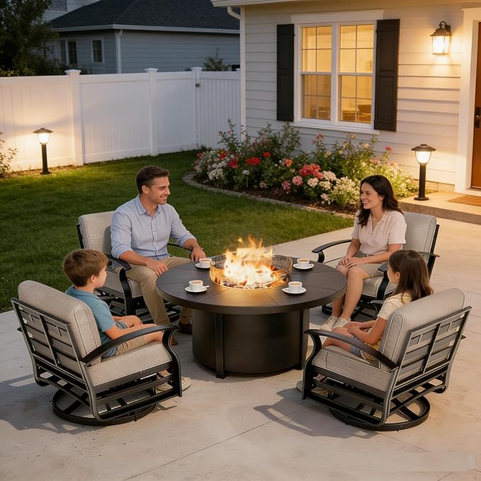 Gotland 5 Piece Patio Set, Aluminum Outdoor Swivel Chairs Set with 48’’ Round Fire Pit 5.1’’ High-Resilience Seat - Photo 3