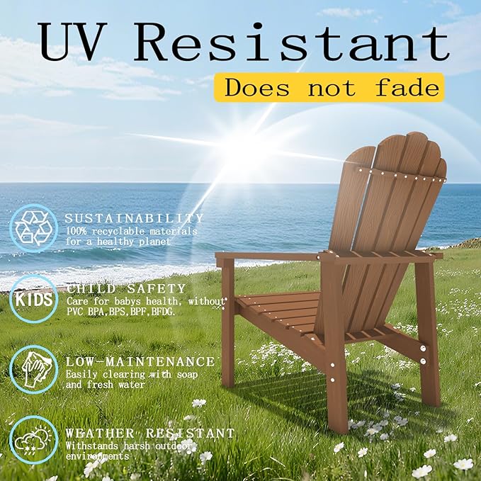 Stackable Adirondack Chair Set of 8, HDPE All-Weather Adirondack Chairs - Durable and Space Saving, Plastic Outdoor Fire Pit Chairs with Cup Holder,Wood