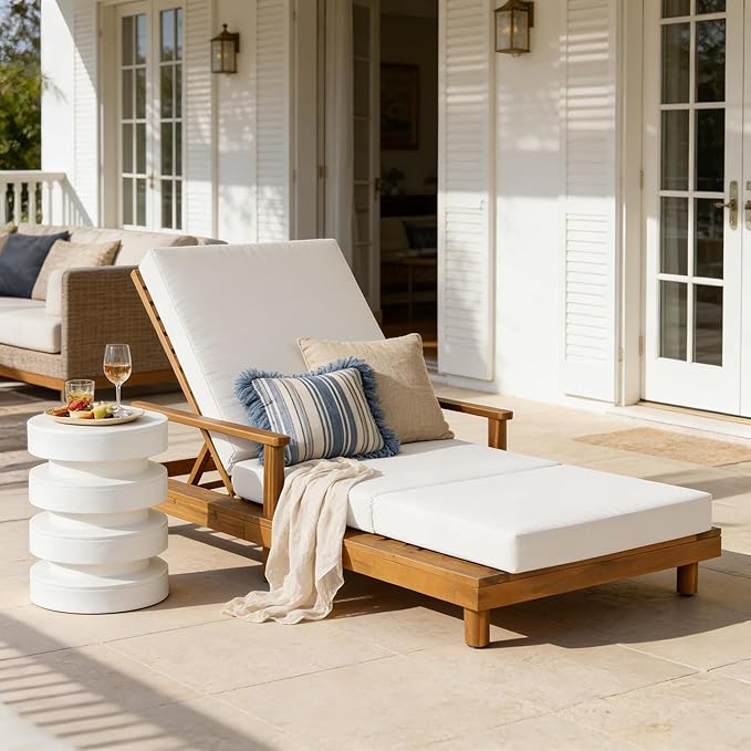 Merax Acacia Wood Outdoor Chaise Lounge Chair with 3-Position Adjustable Backrest & 4" Thick 3-Fold Removable Cushion, 76.8" L Modern Patio Sun Lounger for Garden Pool Beach Yard, Cream+Teak