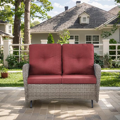 Outdoor Glider Bench-2 Seater Patio Glider Loveseat with High Back and Deep Seating Outdoor Couch for Deck Porch Garden Balcony Poolside-Grey/Red