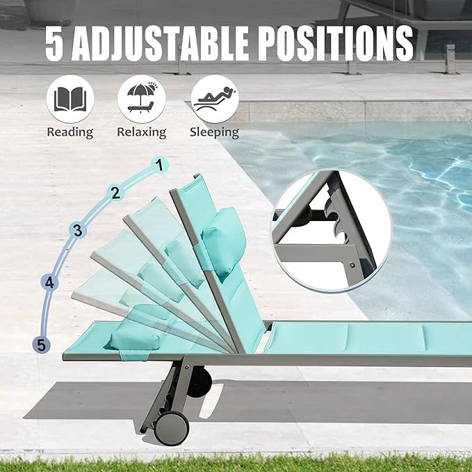 Domi Outdoor Patio Chaise Lounge Set of 3, Aluminum Pool Lounge Chairs with and Wheels, Textilene Padded Adjustable Recliner All Weather for Poolside, Beach, Yard, Balcony (Turquoise Blue)