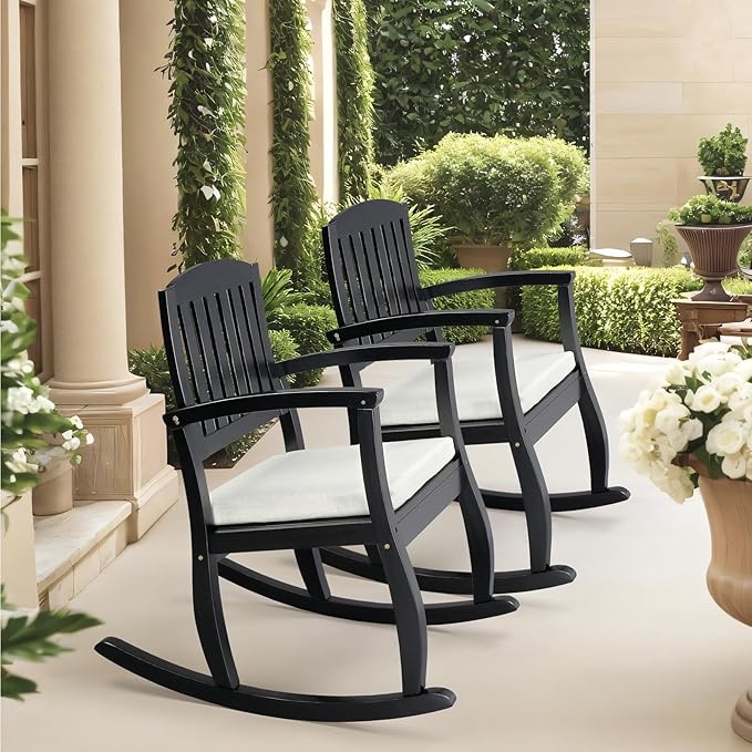 VINGLI Wooden Rocking Chair with Cushion,Outdoor Indoor Rocking Chair Supports Up to 450 lbs,Chair with Comfortable Backrest for Patio, Porch, Balcony (1, Black)