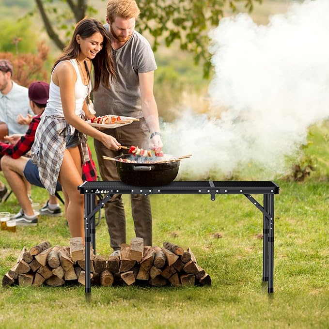 Anbte Folding Grill Table, 3ft Tri-Fold Aluminum Folding Table Adjustable Height Max 27.5" Grill Table with Mesh Desktop - Photo 2