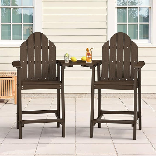 LUE BONA Tall Adirondack Chair Set of 2, All Weather HDPS Bar Height Adirondack Chair with Detachable Table & Umbrella Hole, Adirondack Barstools for Patio, Deck, Backyard & Commercial Use Dark Brown