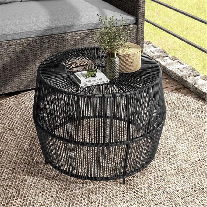 Round Outdoor Coffee Table, 21.7" W x 15.8" H, PE Wicker Rattan, Black Finish, Metal Frame, Lightweight Coastal Style - Photo 7