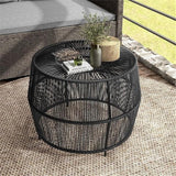 Round Outdoor Coffee Table, 21.7" W x 15.8" H, PE Wicker Rattan, Black Finish, Metal Frame, Lightweight Coastal Style - Photo 7