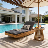 Acacia Wood Chaise Lounge with 2-Fold Thin Cushion - Teak Finish Outdoor Recliner with Cream Water-Repellent Cushion - Photo 1