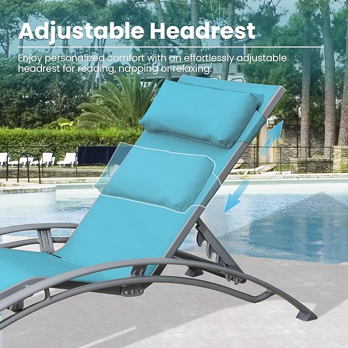 Domi Lounge Chair Set of 3, Aluminum Lounge Chairs for Outside with 5 Adjustable Positions, Chaise Lounge Outdoor for Pool, Garden, Beach, 2 Pool Chairs and 1 Side Table(Turquoise Blue)