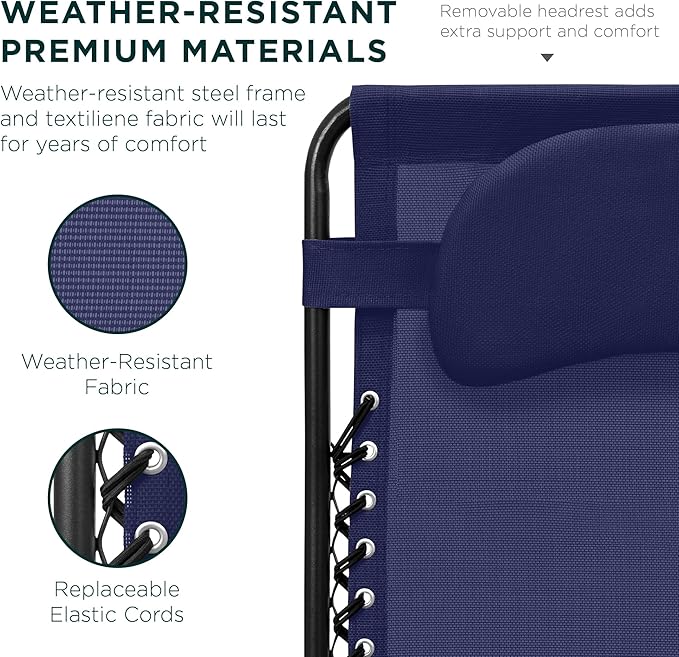Best Choice Products Oversized Zero Gravity Chair, Folding Outdoor Patio Lounge Recliner w/Cup Holder Accessory Tray, Pillow - Navy