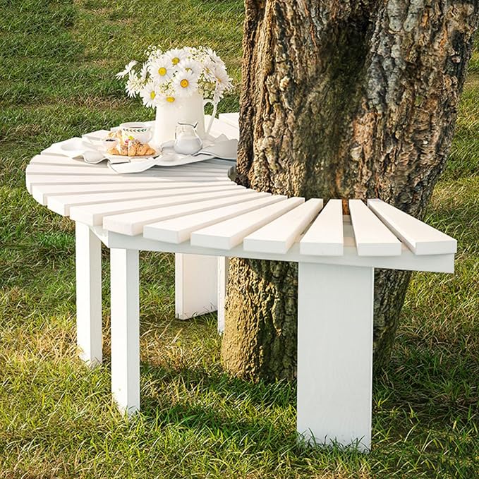 Outdoor Curved Wooden Bench - Solid Wood Slatted Seat Fan-Shaped Garden Tree Bench, Backless Patio Half Round Lounge Seating for Park and Courtyard