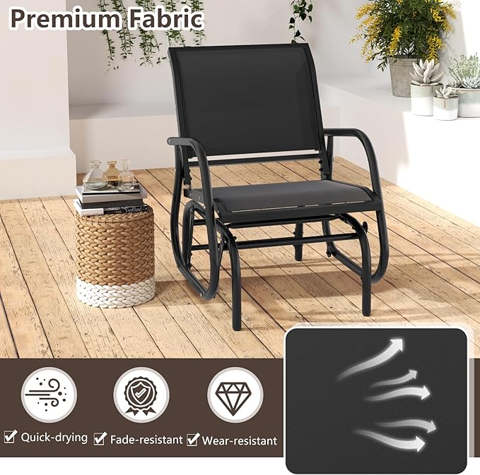 Tangkula Swing Glider Chair, Ergonomic Rocking Chair with Comfortable Fabric, Iron Frame, 4 Non-Slip Foot Pads, Outdoor Patio Glider Rocker Chair for Living Room, Garden, Backyard (1, Black)