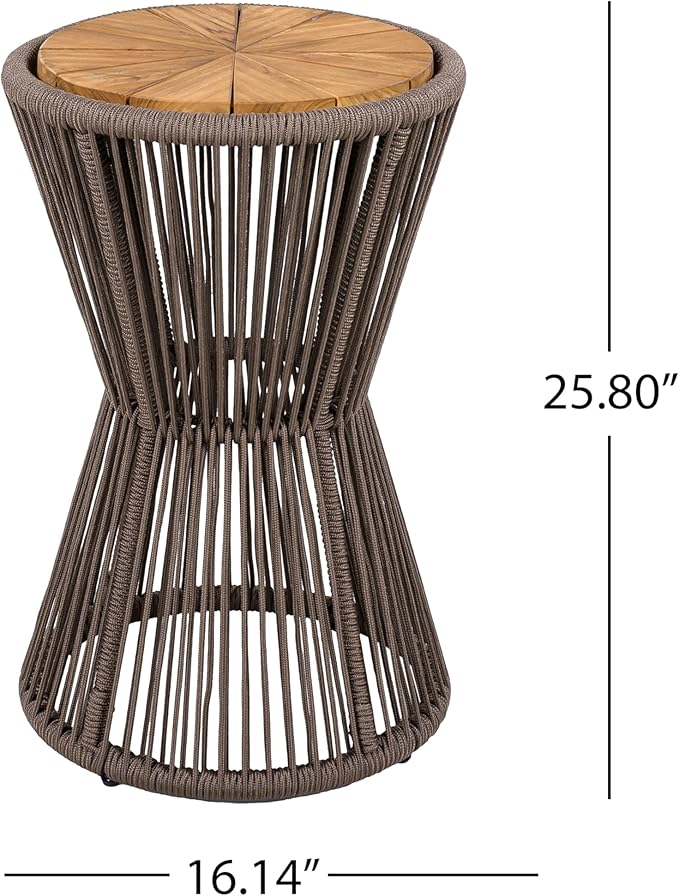 Merax Bohemian Round Outdoor Side Table with Acacia Wood Top and Dark Grey Handwoven Rope Base - Photo 2