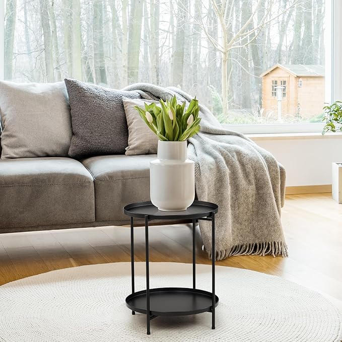 Outvita 2 Tier End Table, Metal Side Table with Removable Tray Indoor and Outdoor - Photo 9