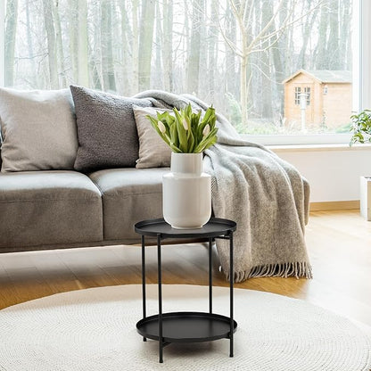 Outvita 2 Tier End Table, Metal Side Table with Removable Tray Indoor and Outdoor,Small Waterproof Accent Table for Bedroom Balcony Patio Living Room and Office (Black)