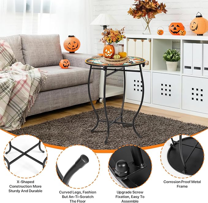 Fashion&cool Patio Side Tables, 14 Inch Weather Resistant Metal Outdoor Side Table for Halloween, Round End Table Side Table for Patio Yard Porch Balcony Garden Bedside, Plant Stand (Orange-Pumpkin)