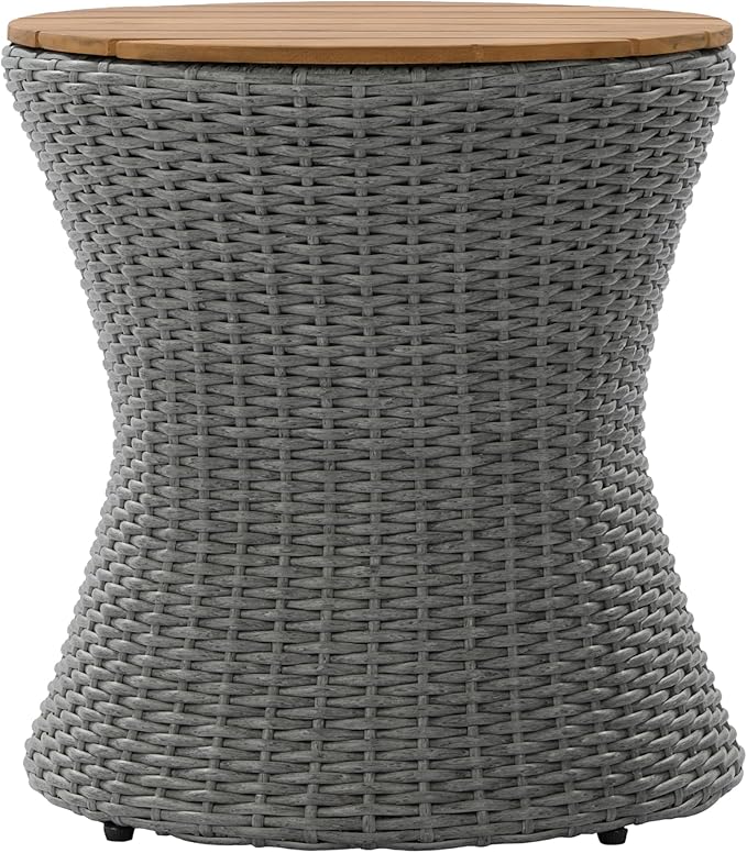 Christopher Knight Home Fenton 17.5" Outdoor Side Table, Round Patio End Table with Wood Top and Wicker Base, Small Outdoor Coffee Table for Balcony Garden Poolside, Accent Garden Stool, Grey+Natural