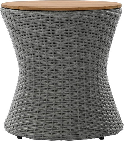 Christopher Knight Home Fenton 17.5" Outdoor Side Table, Round Patio End Table with Wood Top and Wicker Base, Small Outdoor Coffee Table for Balcony Garden Poolside, Accent Garden Stool, Grey+Natural