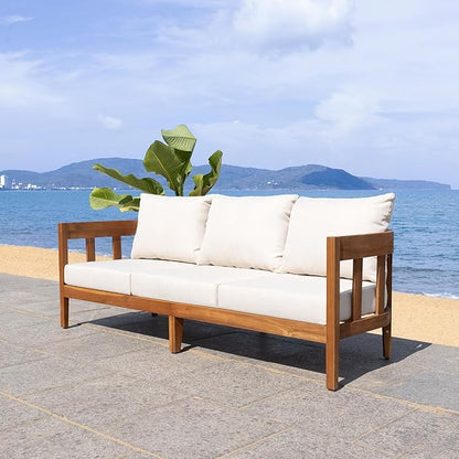 SAFAVIEH Outdoor Collection Owen Acacia Solid Wood Natural/Taupe Cushion 3-Seater Sofa