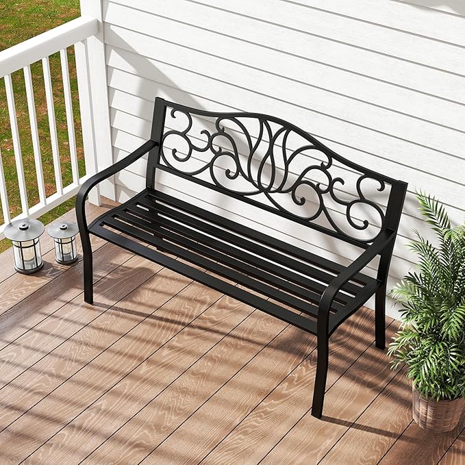 Tangkula 50 Inches Outdoor Garden Park Bench, Cast Iron Metal Front Porch Loveseat with Floral Design Backrest and Slatted Seat, Patio Bench with Armrests for Outside, Yard and Lawn, Black