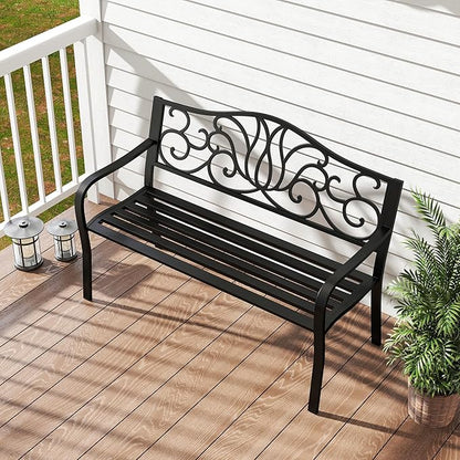 Tangkula 50 Inches Outdoor Garden Park Bench, Cast Iron Metal Front Porch Loveseat with Floral Design Backrest and Slatted Seat, Patio Bench with Armrests for Outside, Yard and Lawn, Black