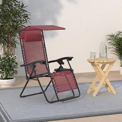 BTEXPERT Set of 2, Adjustable Steel Mesh Zero Gravity Lounge Chairs Case Outdoor Patio Recliner Beach Yard Garden with Pillow Sunshade Utility Tray Cup Holder (Red Burgundy with Canopy)