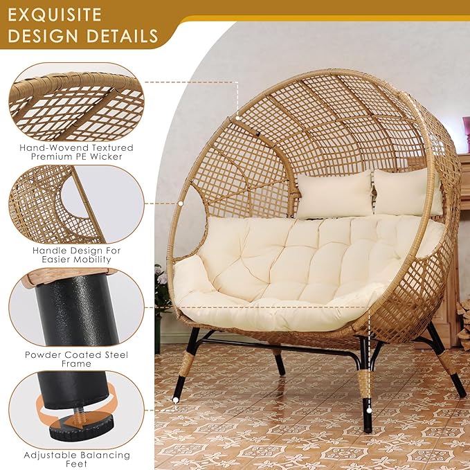 NICESOUL® Double Egg Chair Indoor Outdoor Stationary Oversized Thicken Padded Cushions, 2 Person Egg Loveseat Chair - Photo 4