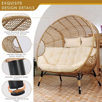 NICESOUL® Double Egg Chair Indoor Outdoor Stationary Oversized Thicken Padded Cushions,2 Person Egg Loveseat Chair, Extra Large Lounge Chair for Patio Balcony Porch Backyard Beige with Cover