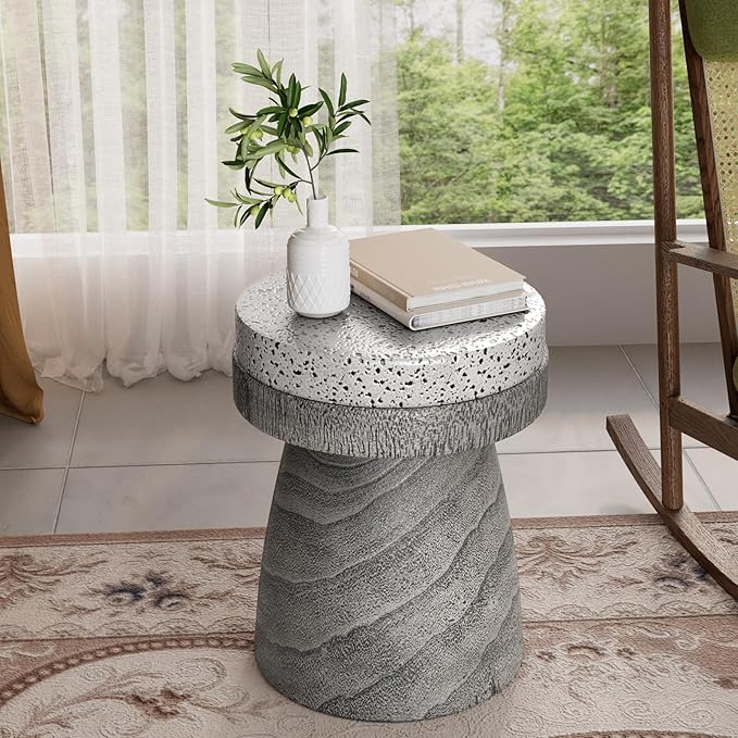 COSIEST Outdoor Side Table w Spotted Tabletop, Concrete Side Table, Round Patio Side Table Stool, Lightweight Outdoor Accent Table w Colored Faux Wood, Cylinder Plant Stand for Garden and Deck, Grey