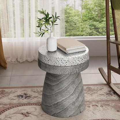 COSIEST Outdoor Side Table w Spotted Tabletop, Concrete Side Table, Round Patio Side Table Stool, Lightweight Outdoor Accent Table w Colored Faux Wood, Cylinder Plant Stand for Garden and Deck, Grey