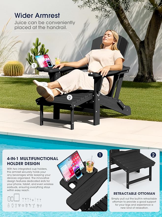 KINGYES Adjustable Folding Adirondack Chair with Footrest & 4-in-1 Multi-Functional Armrest Organizer Set of 2 - Photo 3