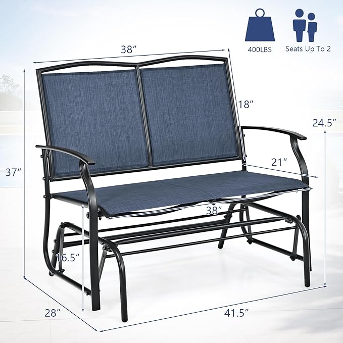 Giantex Outdoor Glider Bench, Patio Glider Bench for Outside, Steel Frame, 400 Lbs Capacity, Ergonomic Swing Rocking Chair Loveseat, 2-Person Porch Swing Rocker for Backyard, Lawn, Balcony, Dark Blue