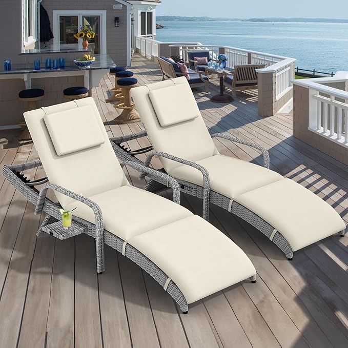 YITAHOME Wicker Chaise Lounge Outdoor, Rattan Pool Lounge Chair Reclining Chaise Lounge Set w/Pull-Out Desktop, 5-Position Backrest, Headrest & Cushion, Armrests for Poolside, Beach, Outside(Beige)